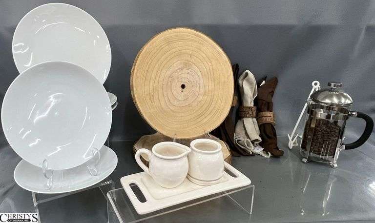 Mudpie Brand Cream and Sugar With Tray, Coffee Press, Wood Slices, 5 Dishes, Napkins image