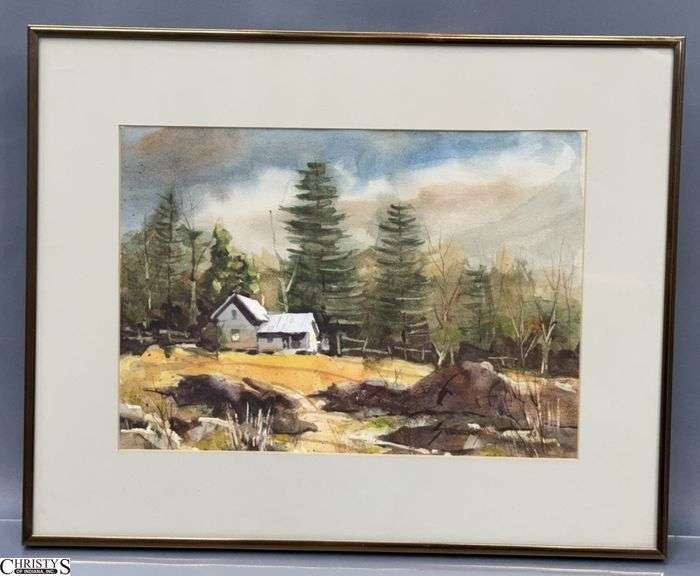 Rustic Farmhouse Watercolor Landscape Painting - 20" x 16" of frame image