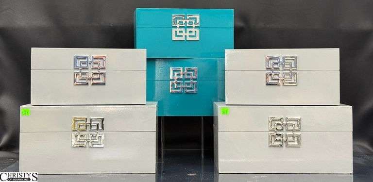 6 Decorative Teal and Gray Nesting Tabletop Storage Boxes - 13.5" x 8" x 7" of largest image