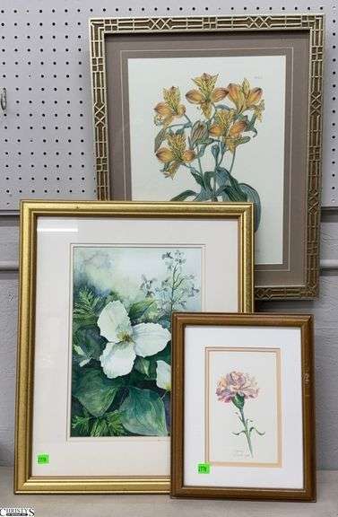 3pcs Floral Prints and Small Watercolor Carnation Signed, Largest 18x22" image