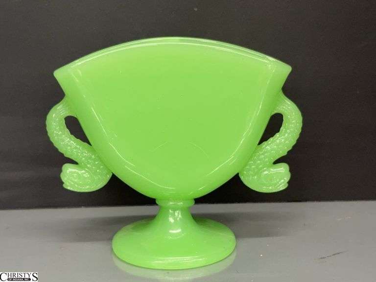 Fenton Jade Green Dolphin Handle Footed Vase5.5"x5" image