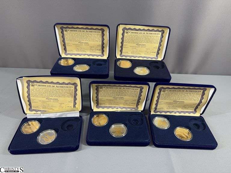 10 2021 $ Double Eagles Marked 1/2 oz. .999 Pure Silver Cook Islands.  There are 5 blue velvet cases with 2  tribute rounds in each. image