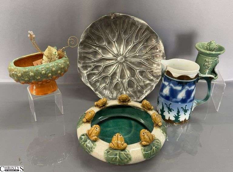 Frog Motif Glazed Planter, Oil Warmer, Pitcher, Pewter Lily Pad Largest 12" image