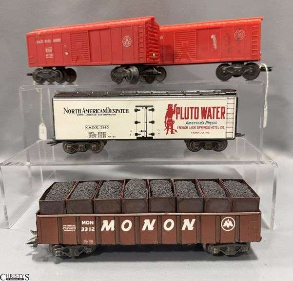 4 Unboxed Train Cars, Monon 3312 Gondola With Coal Load, North American Dispatch Pluto Water, Baltimore & Ohio Boxcars image
