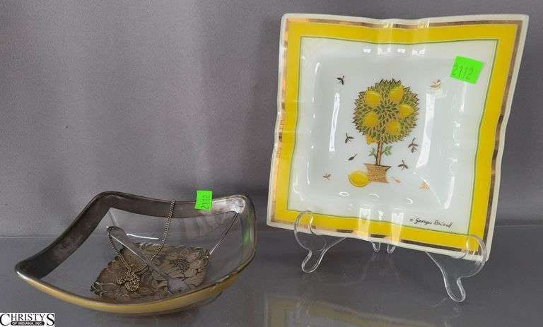 2pcs Vintage Georges Briard Artist Signed Silver Embossed Glass Olive Bowl, 6.5" Across and Lemon Tree Ashtray image