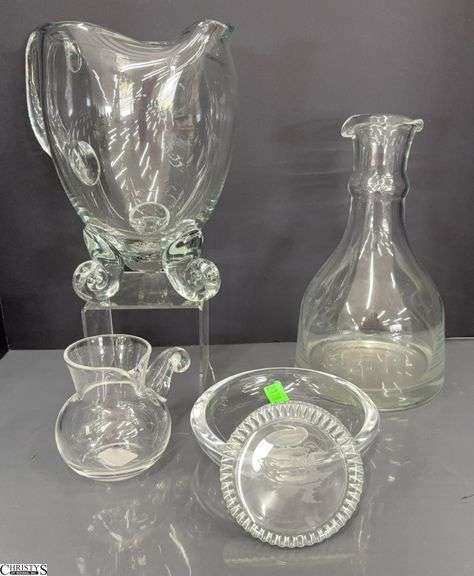 Hand Made Pitcher, Steuben Glass Creamer, Ash Tray, Carafe 10" and Paperweight image