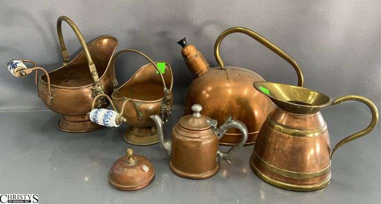 Copper Kettle, Pitchers, One With Blue and White Handle, Largest Marked Taurus 8" image