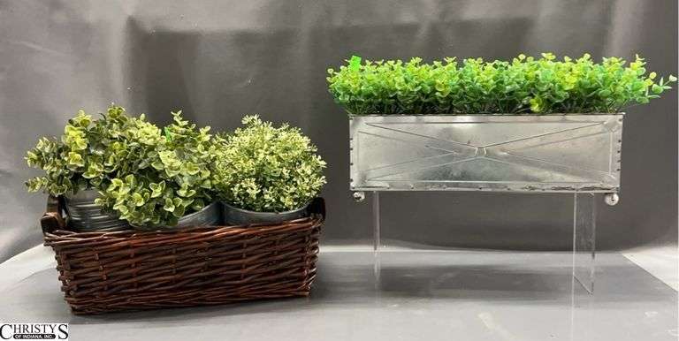 6 Artificial Plants in Galvanized Planters and Woven Basket - 15" of planter image