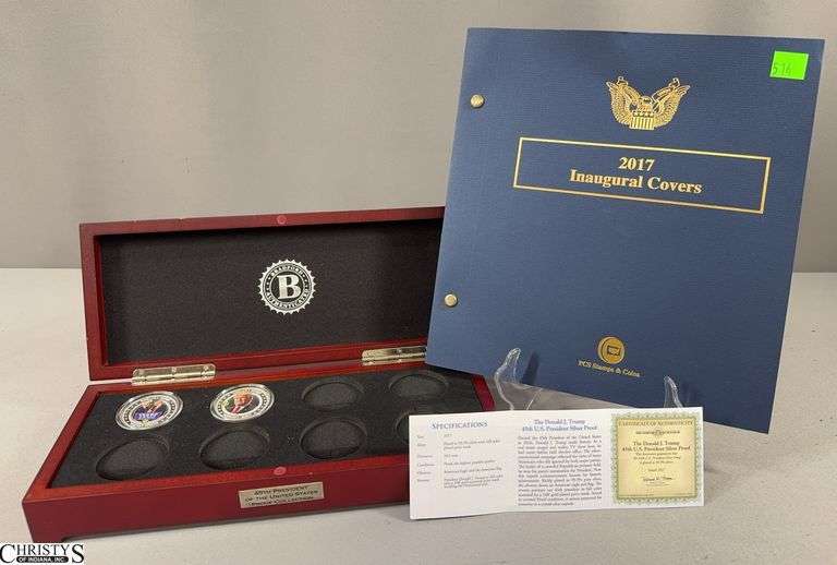 2  Donald J. Trump 45th U.S. President Silver Proof Rounds with Certificate of Authenticity in Wooden Box and a 2017 Inaugural Covers Folder with First Day Covers for Trump and Pence.  Includes 2 Colorized, Plated in 99.9% Silver with 24K Gold-Plated Privy Mark Rounds image