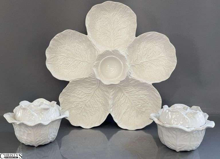 Divided White Cabbage Serving Tray, 2 Lidded Jars. 15" Diameter image