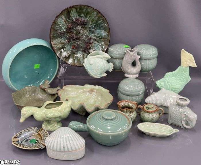 Celadon Dishes, Animal Planters and Vases, Shells, California Pottery, Avon Tallest 7" image