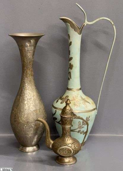 3 Metal Vases 2 Marked India Tallest 13" image