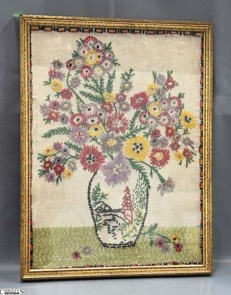 Framed Crewel Needlepoint Floral Piece - 15.5" x 21" of frame image