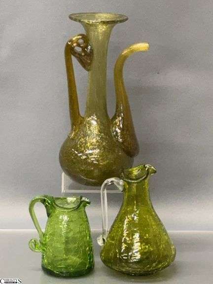 3 MCM Green Glass Pieces - 7" of tallest image