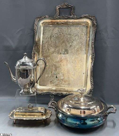Silverplate Teapot, Tray 24x15, Lidded Touraine, Butter Dish image