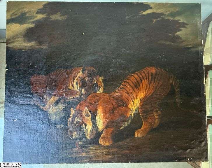 Signed 1886 Tiger Motif Oil on Canvas Painting - 39" x 31" of stretcher - some chipping, stretcher bars appear warped, see photos image