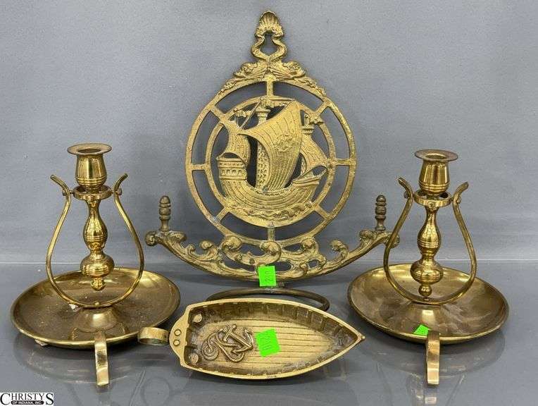 Nautical Brass Candle Stick, Boat Chamberstick, Ship Motif Wall Mount Lamp Hanger Tallest 11" image