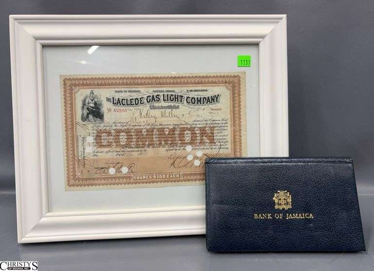 1889 Stock Certificate and Bank of Jamaica Commemorative Currency image