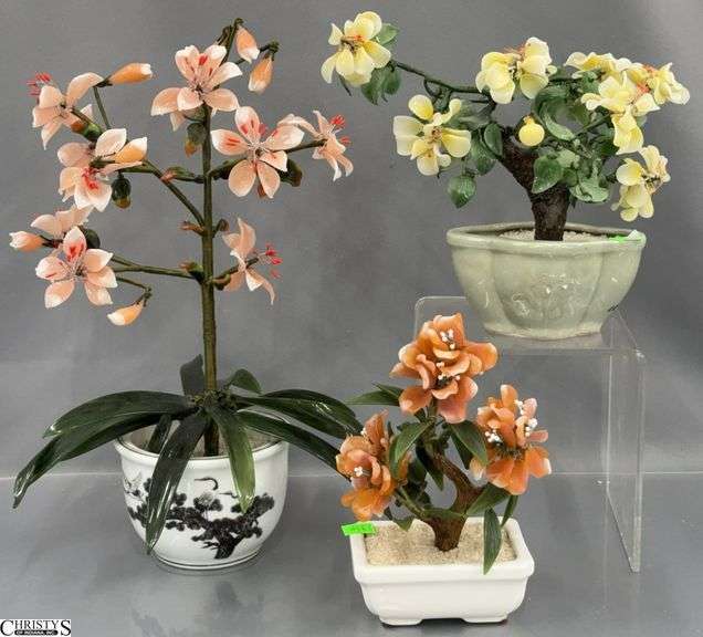 3 Chinese Jade Like and Other Minerals Flower Arrangements 14" image