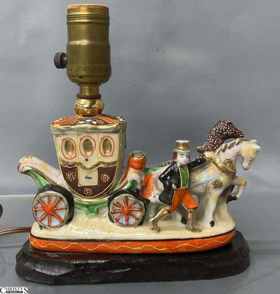 1940's-50' Satsuma Moriage Style Horse and Carriage Lamp Base - 8" x 8" image