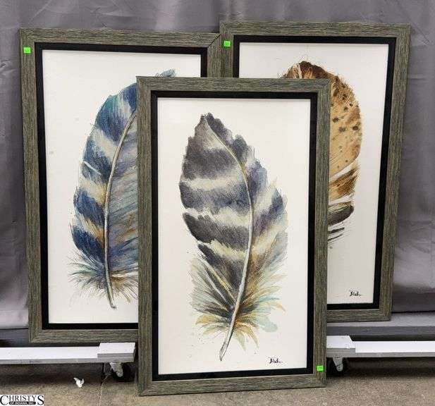 3 Decorator Feather Motif Framed Prints on Board - 25" x 40.5" of each image