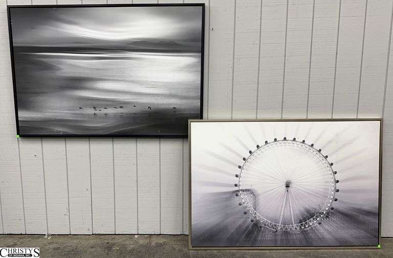 Black and White Prints on Canvas, Model home Decor, Ferris Wheel and Beach Scene Some Wear 42x62" image