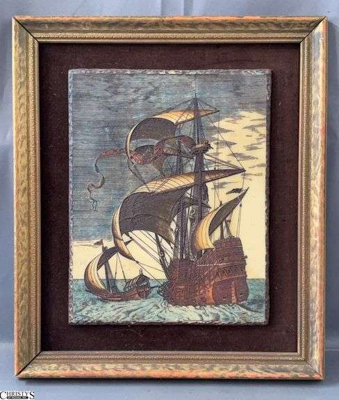 Framed Ship Colored Carving, Measures 18x20" Frame is Split image
