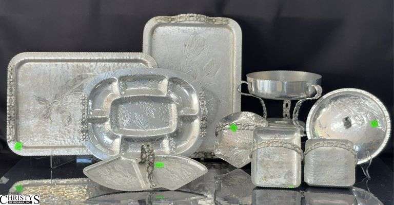 Hammered Aluminum Serve Ware, Trays, Footed Bowls, Handled Trays, Largest 16x11" image