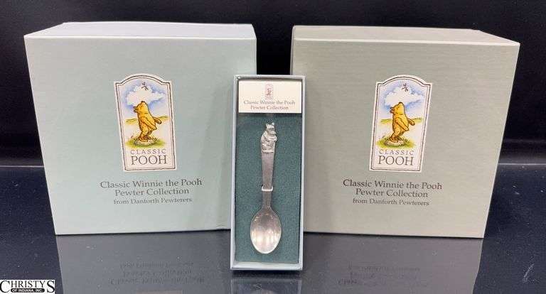 3 Pieces from the Classic Winnie The Pooh Pewter Collection in Boxes.  Includes  a spoon, a bowl, and a Cup. image
