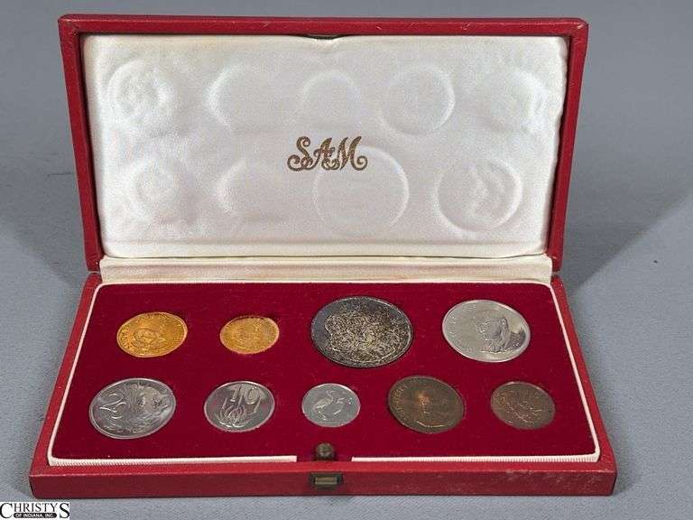 1968 South African Mint 9-Piece Proof Set in Original Red Box.  The set includes a 2 Rand and a 1 Rand Gold Pieces image