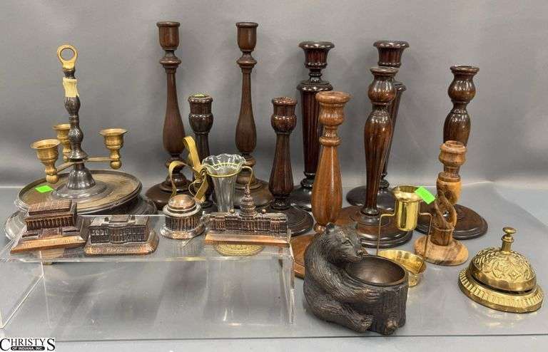 Wooden Candle Sticks, Brass Triple Candle Holder, Bud Vase, Brass Bell, Tallest 11.5" image