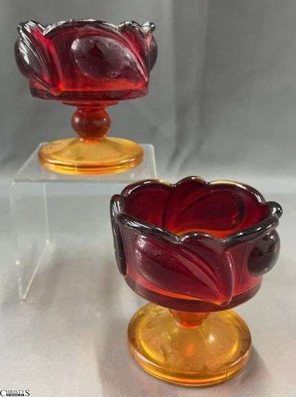 2 Amberina Glass Compotes 4" Tall Bases are UV Reactive image