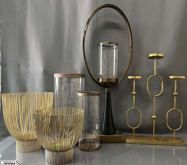 6pcs Gold/Bronze Tone Metal Candle Holders - 33" of tallest image