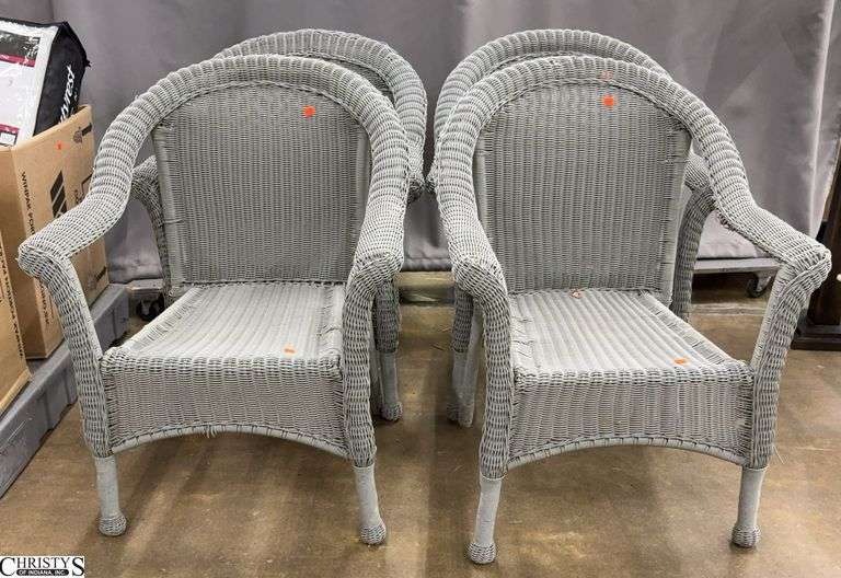 4 Resin Wicker Chairs - 28" x 34" - 16" seat of each - each shows wear and damage image