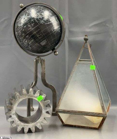 Small Globe On Stand, Metal Gear Shift, Hanging Candle Holder or Planter Tallest 19" image