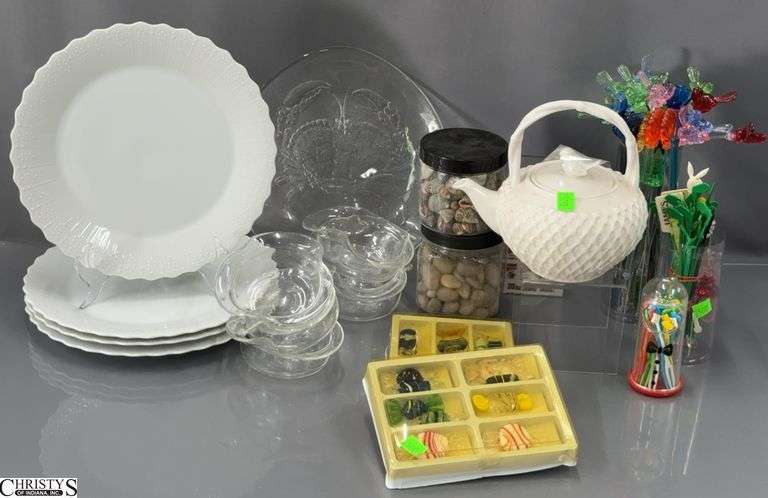 Glass Candy, Cocktail Stirs, Plates, 10.5", Bowls, Tea pot, Rocks image
