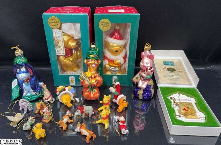 Various Size Winnie The Pooh Ornaments Includes 2 Classic Pooh in Boxes and a Collectors Society 1996 Ornament in Box image