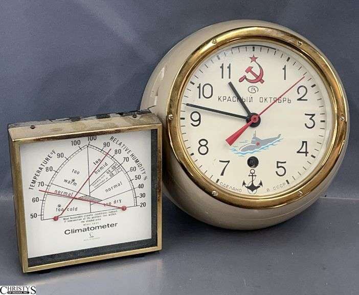 Russian Nautical Heavy Metal Clock and Climatometer - 8.5" of largest image