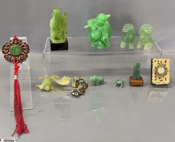 Jade Color Items, and Other Asian Influence Fu Dogs, Fish, Match Box image
