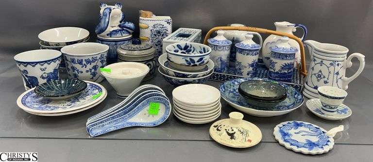 Blue and White Spode, Asian Influence, Salt Glazed, Delft, Honey Pot, Spoons Largest Handled Tray 10x7" image