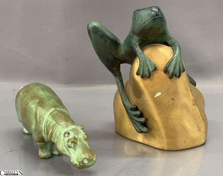 David Kay Bronze Figure of Frog on Rock, and Hippo Largest 6" image