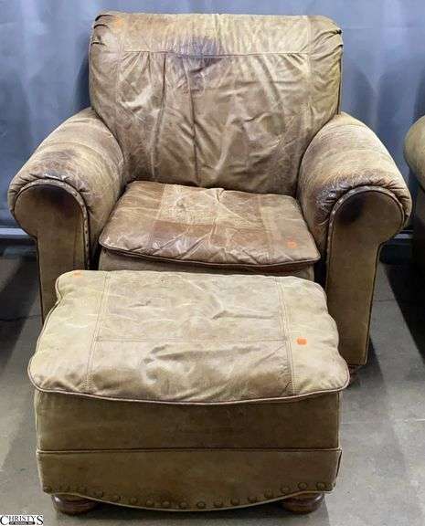 Leather Master Oversized Club Chair and Ottoman - 45" x 41" x 37" - 18" seat of chair - both show wear, scuffing image