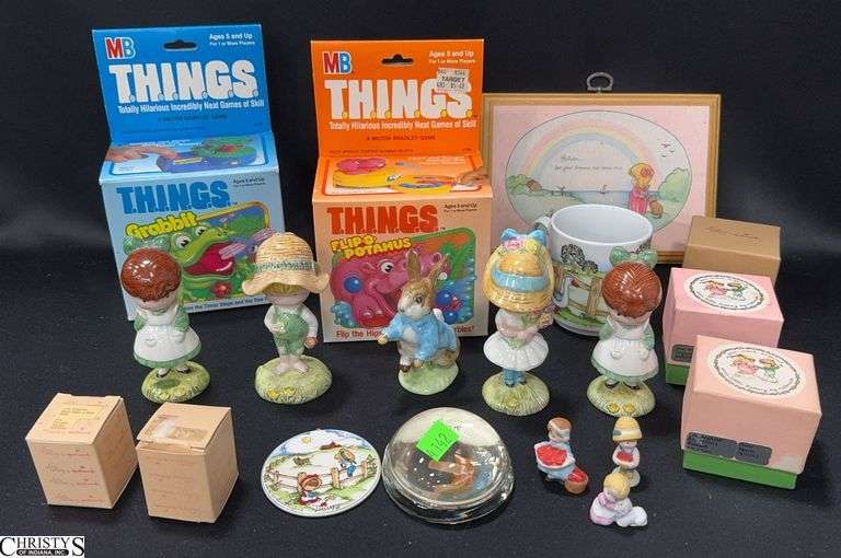 2 Milton Bradley T.H.I.N.G.S. Games New in Box, 4 Joan Walsh Anglund Beswick Made in England 4" Figurines, Beatrix Potter's Peter Rabbit Figurine, 3 Joan Walsh Anglund Pewter Figurines in Box, 2 J.W. Anglund Miniature Porcelain Figurines in Box, and a Mug Made in W. Germany image