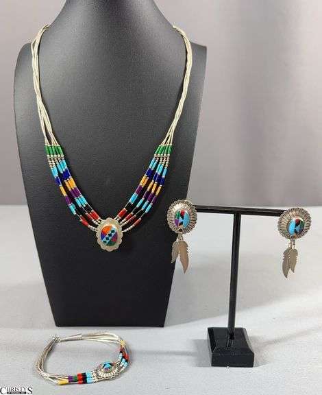 3-Piece Navajo Type Sterling Silver Jewelry Set- Matching Necklace, Bracelet and Earrings image