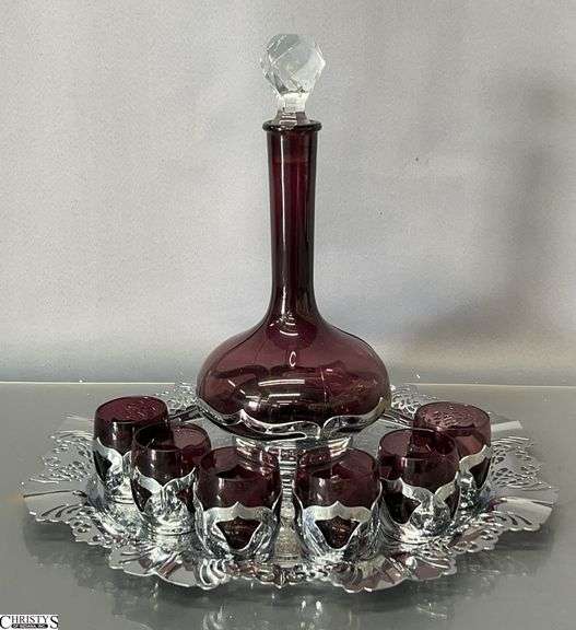 Krome Kraft Farber Bros Amethyst Glass with Silverplate Accent Cocktail Set, 8pcs - 13.5" of tray image