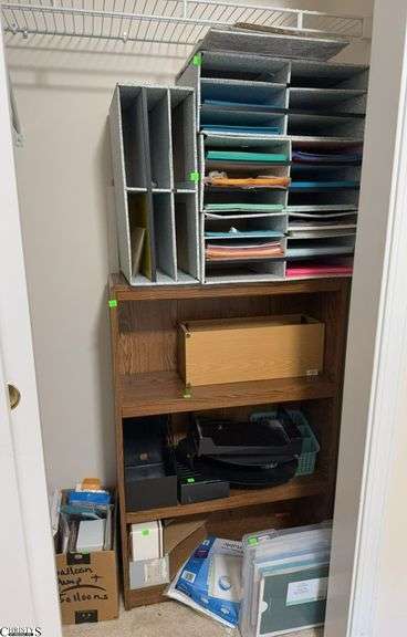 Contents of Bedroom Closet - Office Supplies, Paper, Greeting Cards, Pressed Board Shelf, Cardboard Organizers - 28" x 9.5" x 42" of shelf image