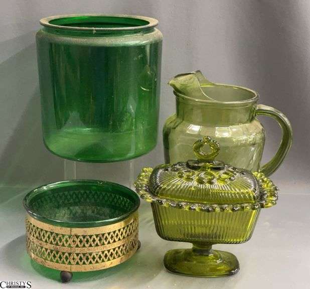 Green Glass Compote, Jar, Pitcher, Bowl Tallest 9" image