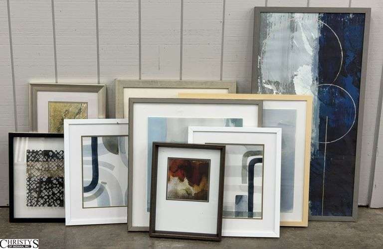 9 Modern Style Framed Prints - 21.5" x 41.5" of largest - may have some wear/chipping to frames image