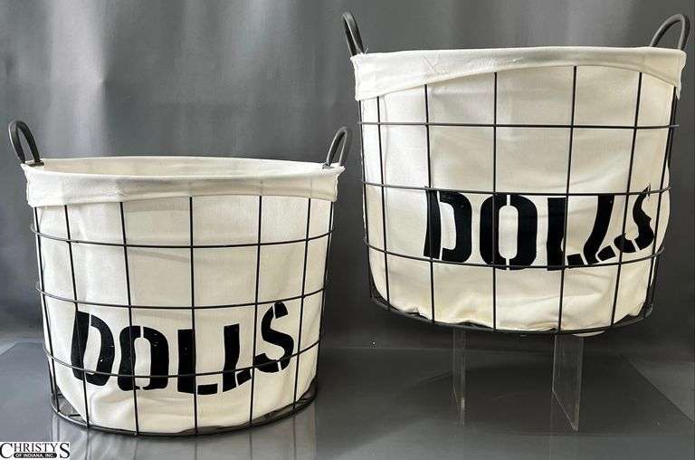 2 "Dolls" Canvas Lined Metal Wire Storage Bins - 18" x 13" of each image