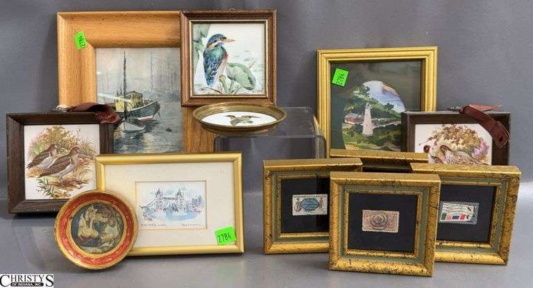 Signed Watercolors, Framed Postage and Tiles, Largest 8.5x10" image